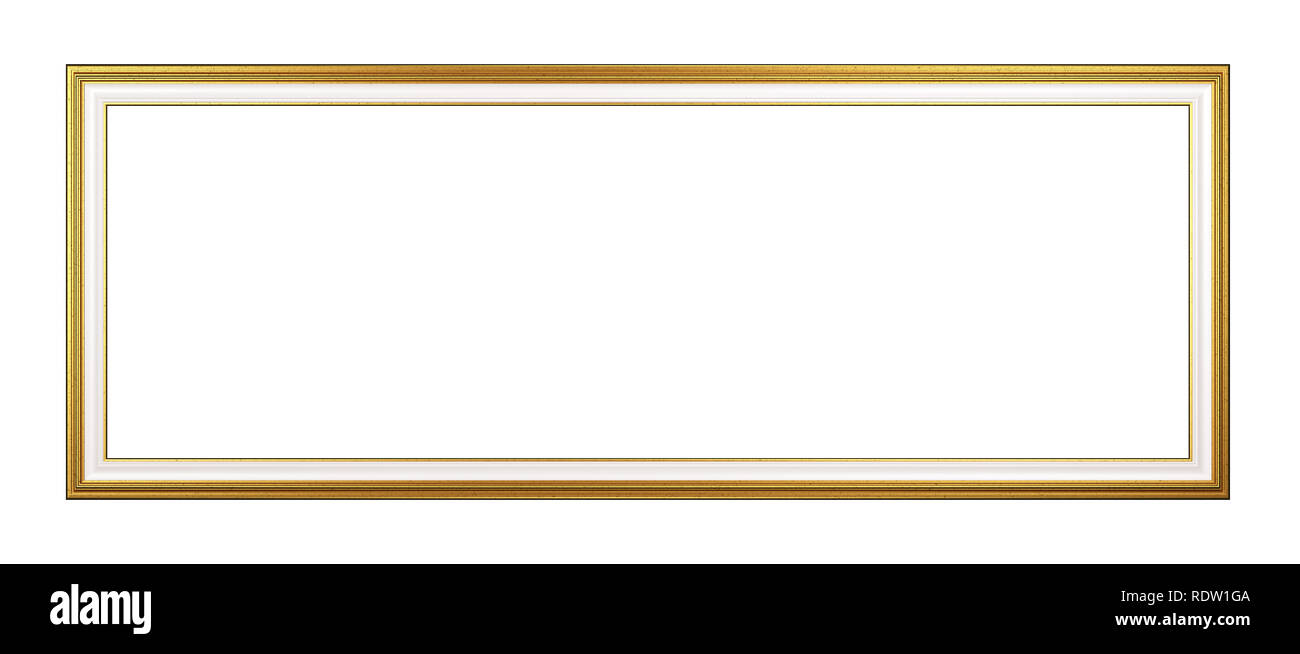 Classic Rectangular Panoramic Empty Golden Picture Frame Isolated on White Background 3D Render Stock Photo