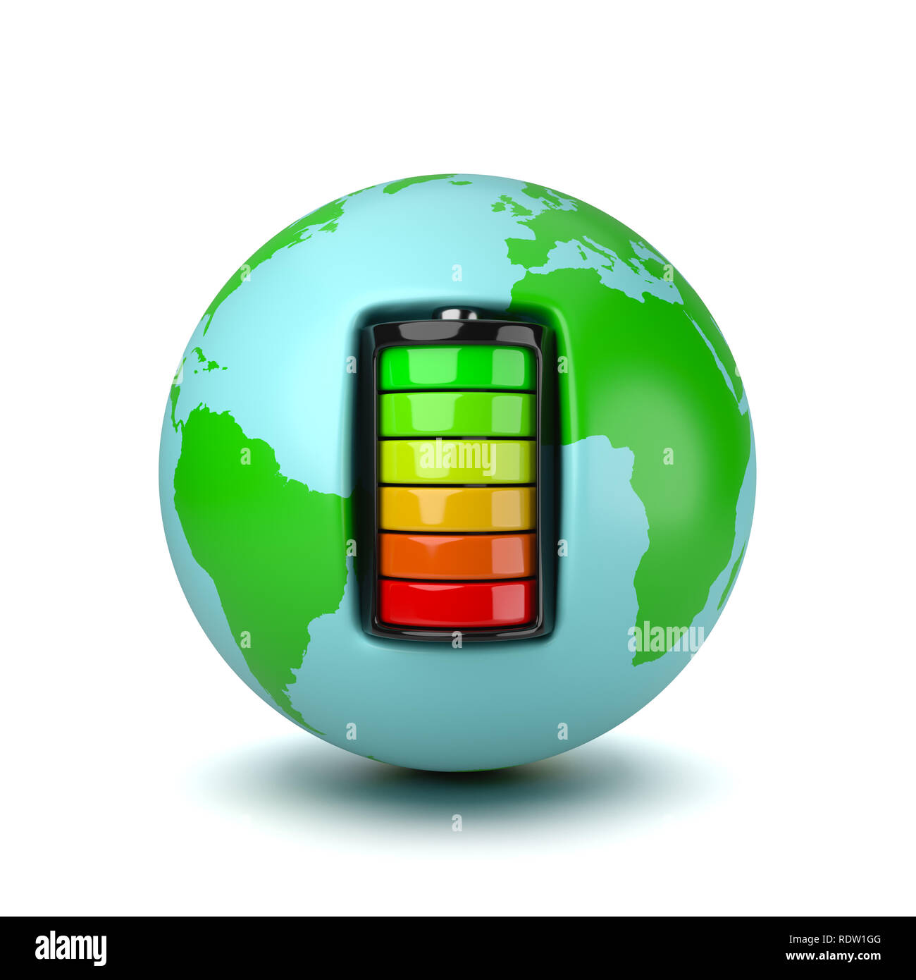 Earth Planet Powered by an Electric Battery on White Background 3D Illustration Stock Photo