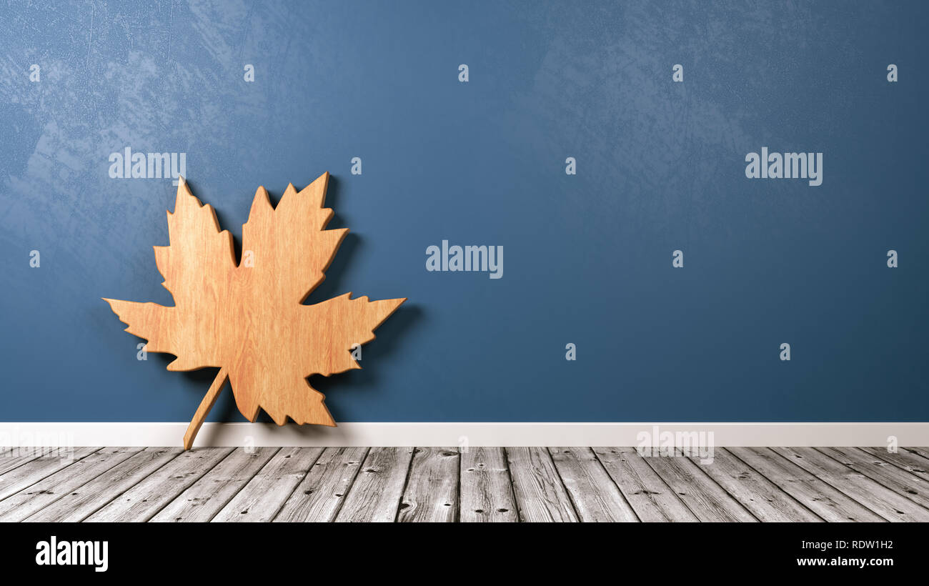 Wooden Leaf 3D Symbol Shape on Wooden Floor Against Blue Wall with Copy Space 3D Illustration, Autumn Concept Stock Photo