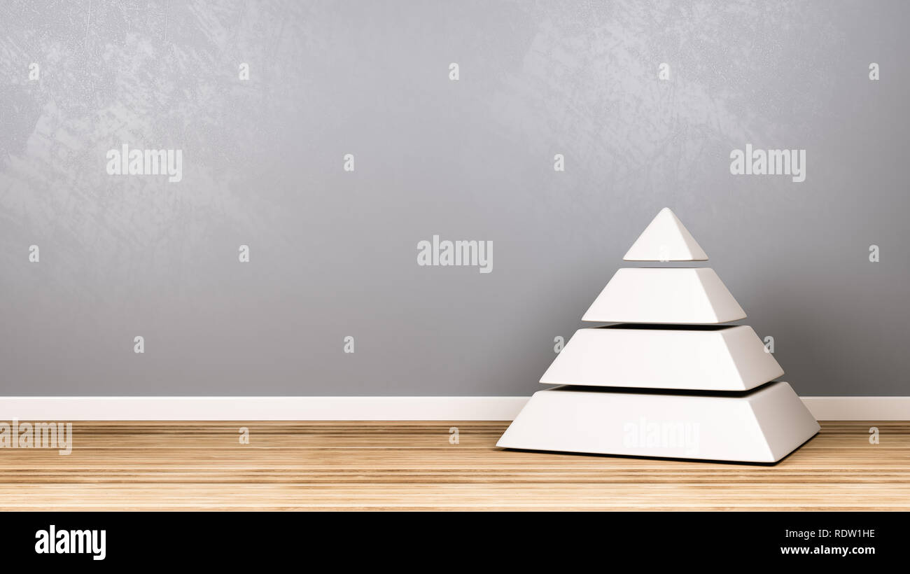 Four Levels White Pyramid on Wooden Floor Against Blue Gray Wall with Copy Space 3D Illustration Stock Photo