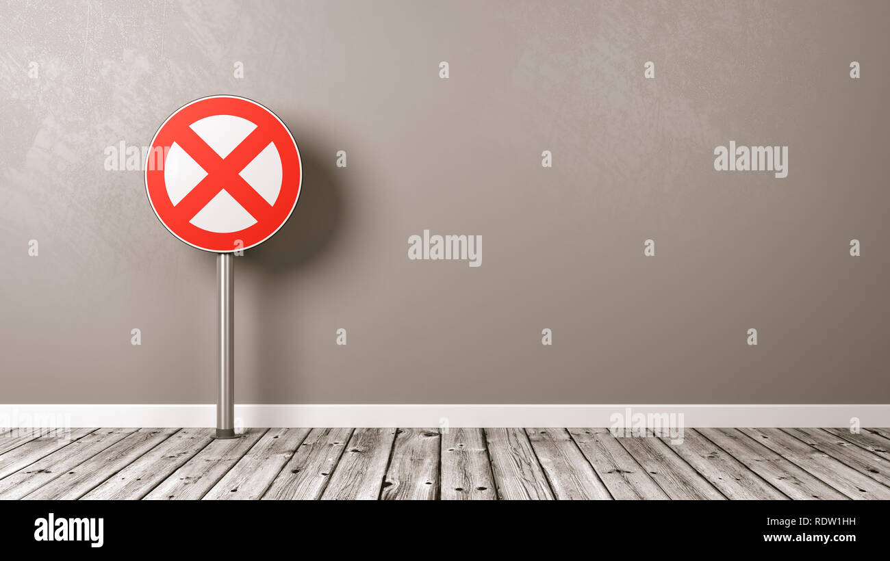 Prohibition Road Sign on Wooden Floor Against Grey Wall with Copyspace 3D Illustration Stock Photo