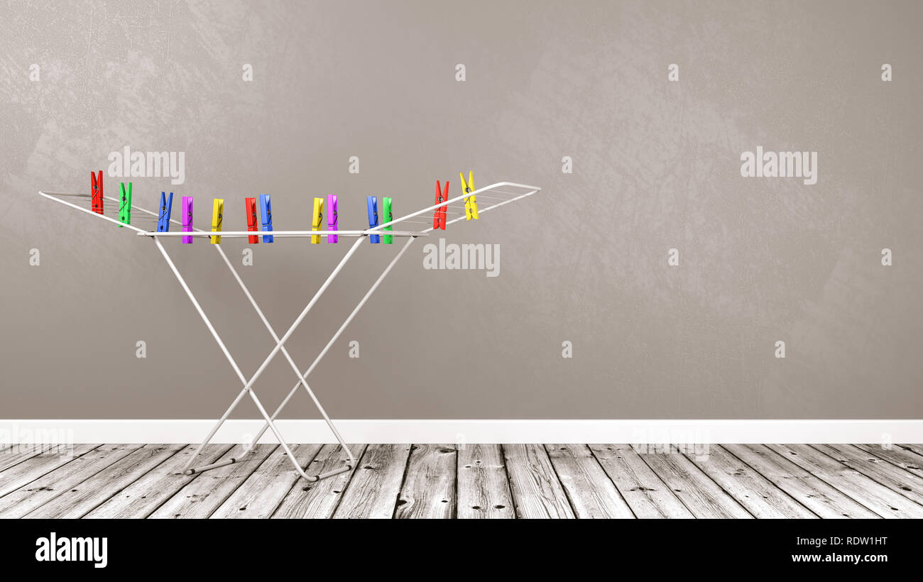 White Clothes Drying Rack with Colorful Clothespins on Wooden Floor Against Gray Wall with Copy Space 3D Illustration Stock Photo