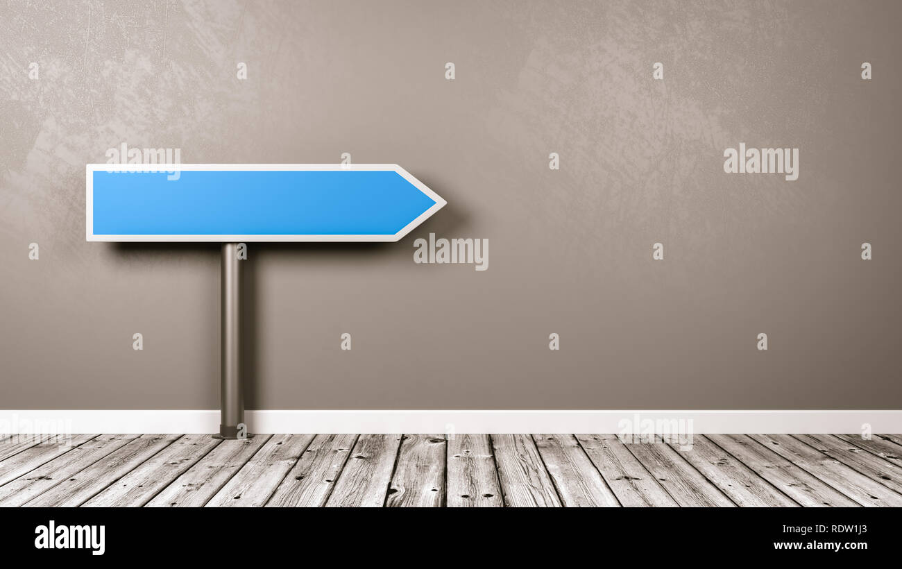 Blue Blank Directional Arrow on Wooden Floor Against Gray Wall with Copy Space 3D Illustration Stock Photo