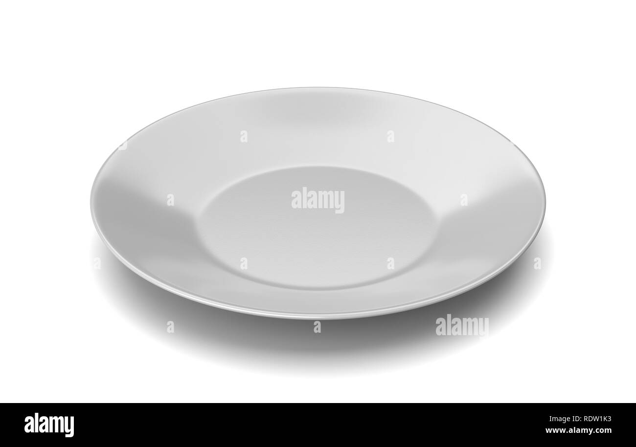 One Single Empty White Porcelain Plate Isolated on White Background 3D Illustration Stock Photo