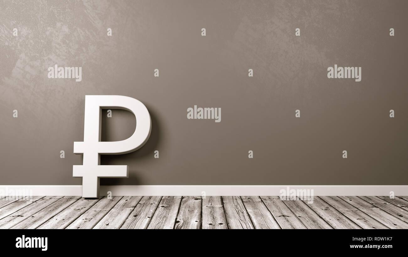 White Ruble Currency Symbol Shape on Wooden Floor Against Gray Wall with Copy Space 3D Illustration Stock Photo