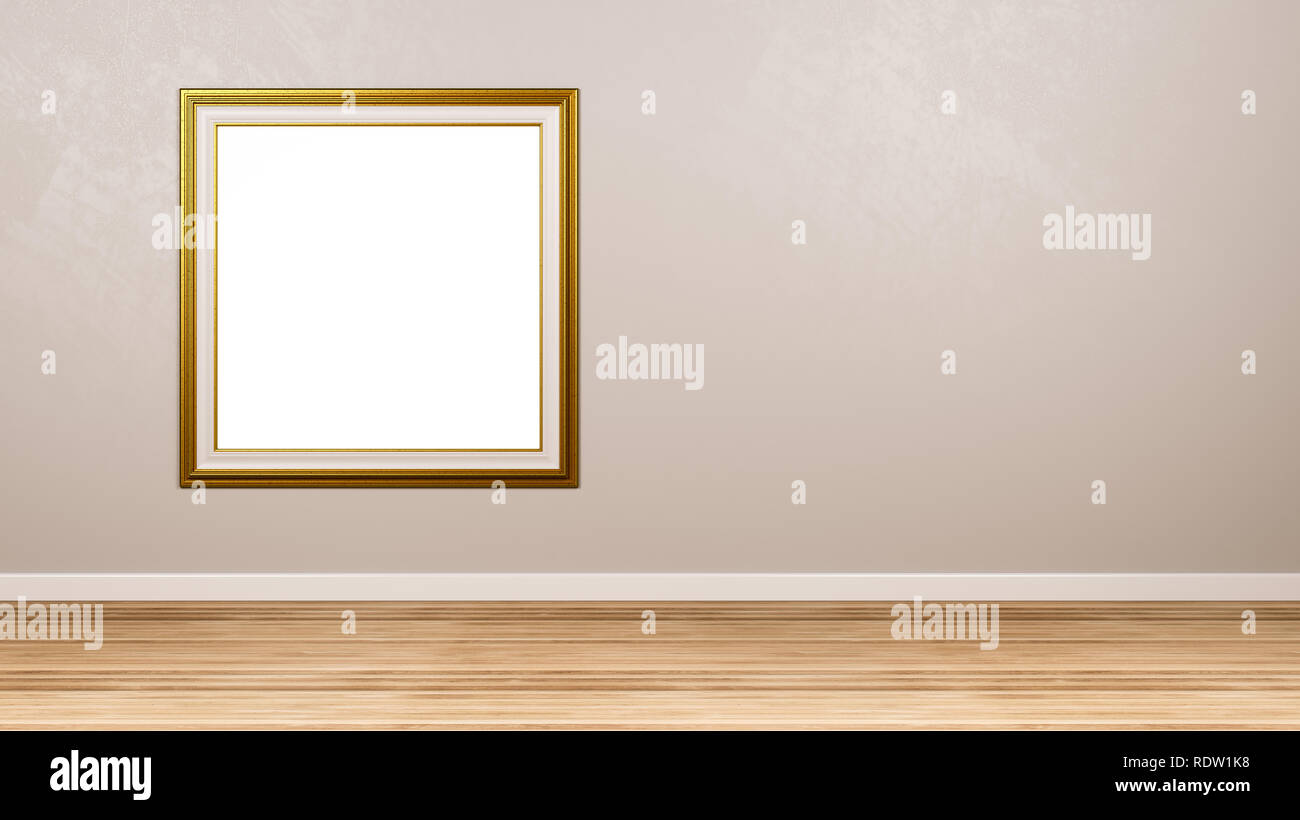 Classic Square Empty Golden Picture Frame at the Wall in the Room with Copyspace 3D Render Stock Photo