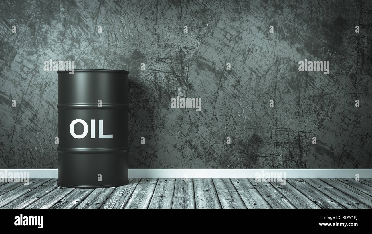 Single Black Oil Barrel Against the Wall of a Room, 3D Render Stock Photo