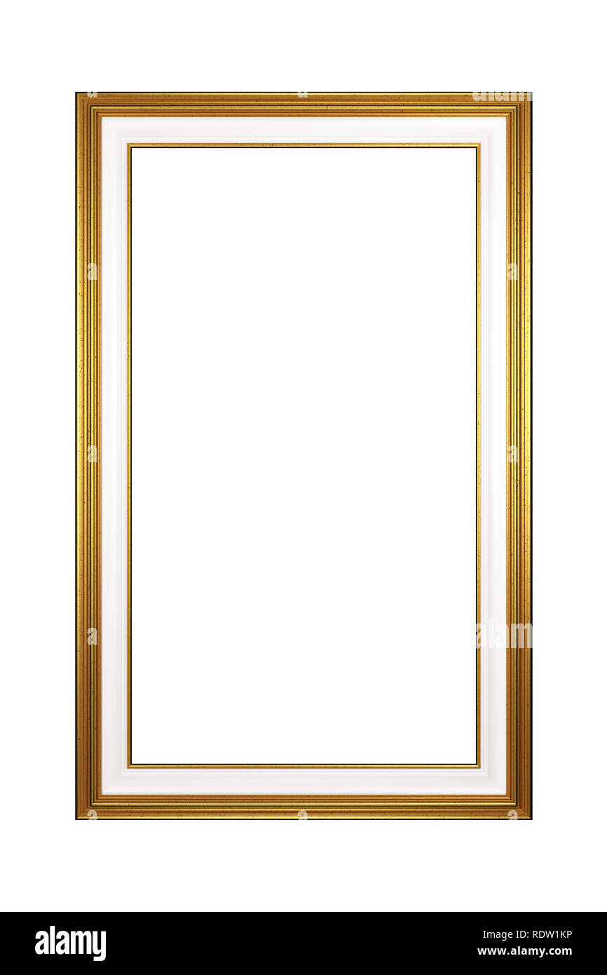 Classic Rectangular Portrait Empty Golden Picture Frame Isolated on White Background 3D Render Stock Photo