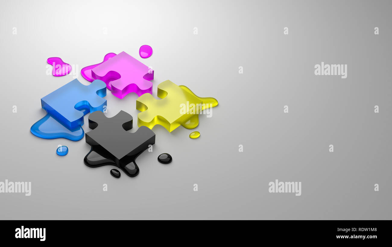 CMYK Four Colors Glassy Puzzle Pieces Combined with Ink Stains on Gray Background with Copy Space 3D Illustration,  Four-Color Process Concept Stock Photo