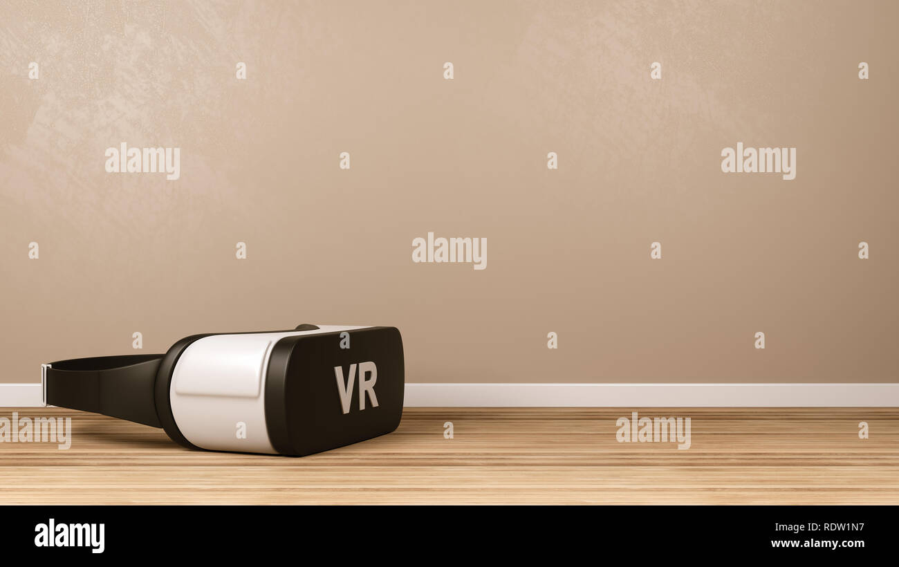 Black and White VR Virtual Reality Headset on Wooden Floor in the Room with Copy Space 3D Illustration Stock Photo