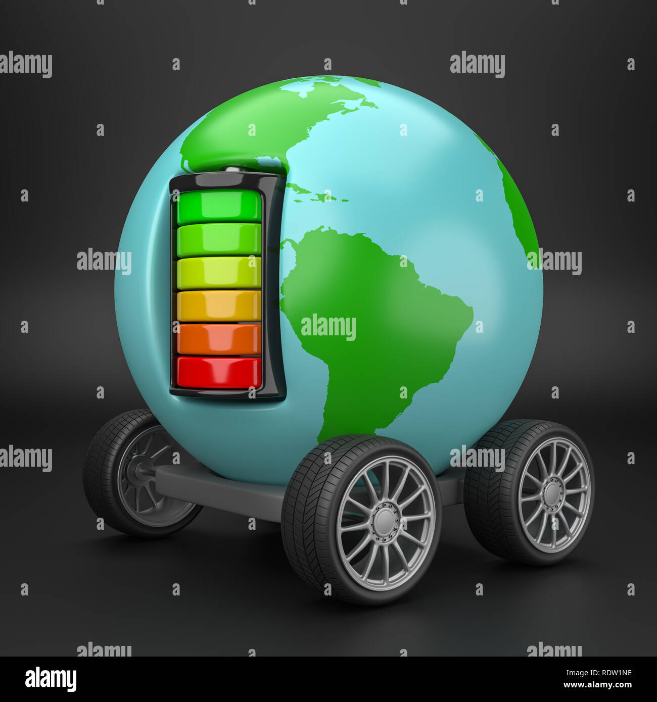 Earth Planet with Wheels Powered by an Electric Battery on Black Background 3D Illustration Stock Photo