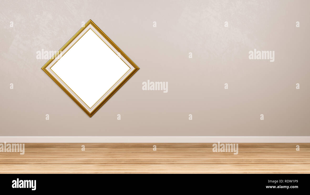 Classic Rhombus Empty Golden Picture Frame at the Wall in the Room with Copyspace 3D Render Stock Photo