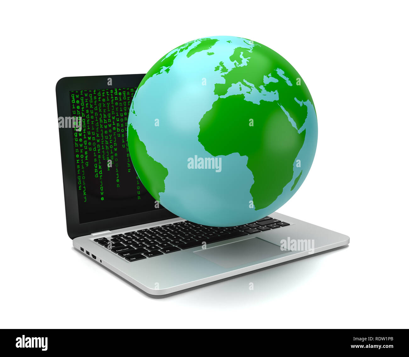 Earth Planet on Laptop Computer with Green Text Letters Code on the Screen on White Background 3D Illustration, Big Data Concept Stock Photo