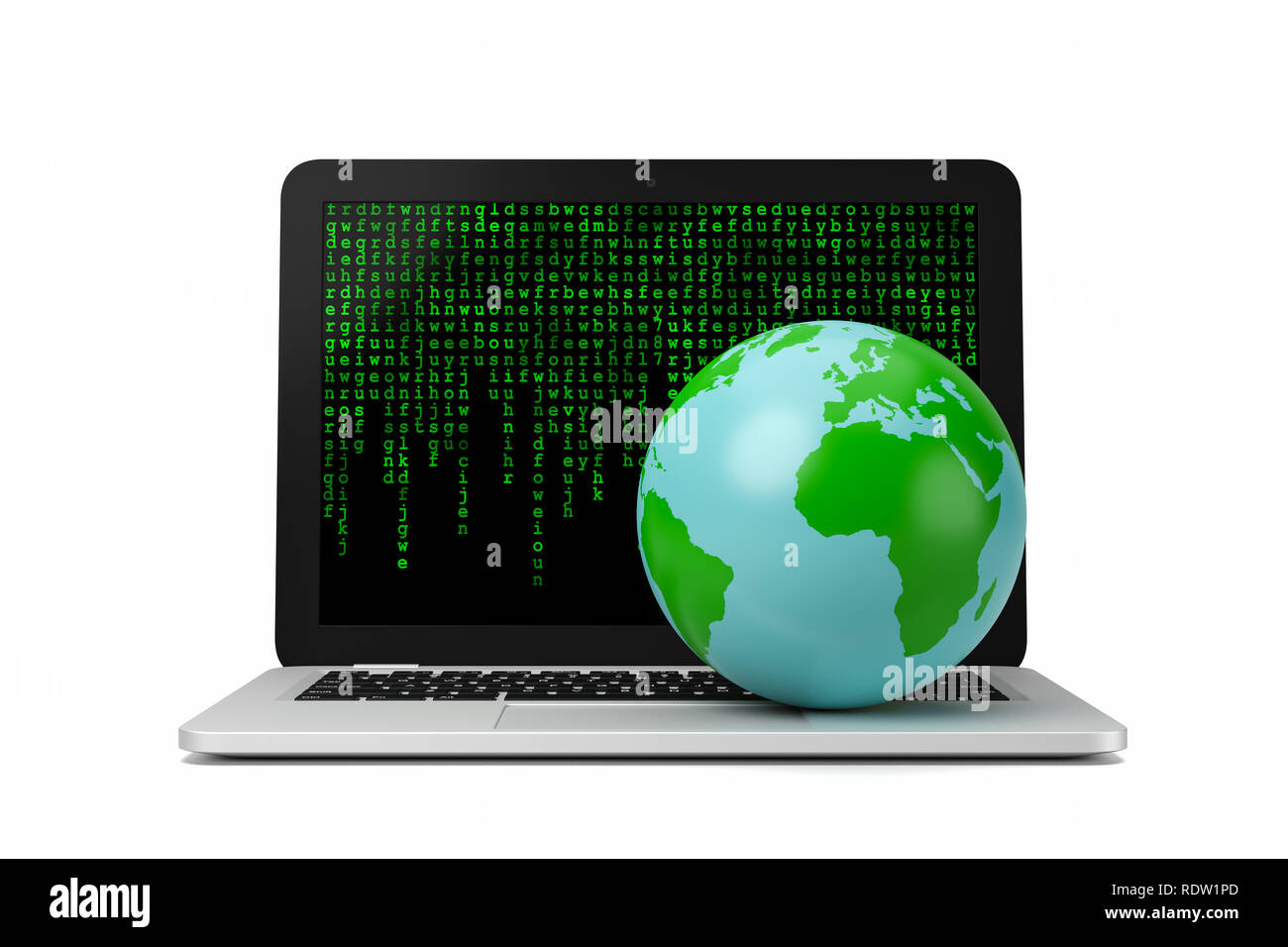 Earth Planet on Laptop Computer with Green Text Letters Code on the Screen on White Background 3D Illustration, Big Data Concept Stock Photo