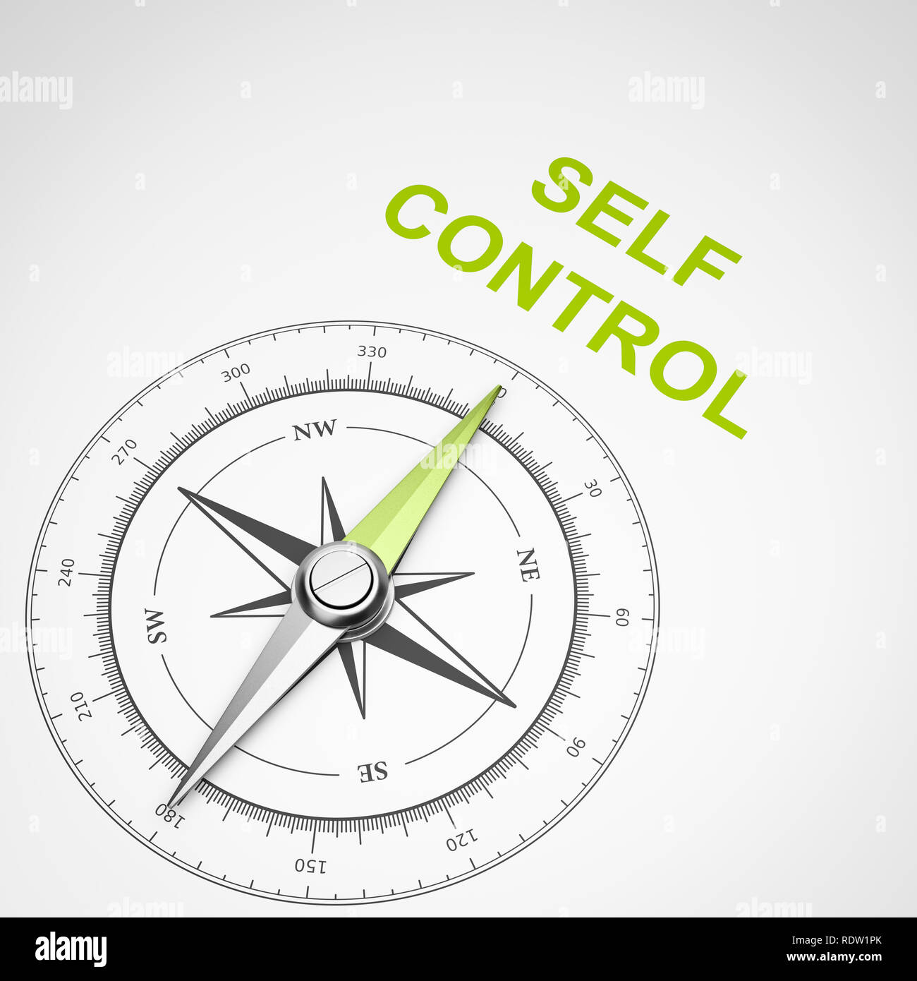 Magnetic Compass with Needle Pointing Green Self-Control Text on White Background 3D Illustration Stock Photo
