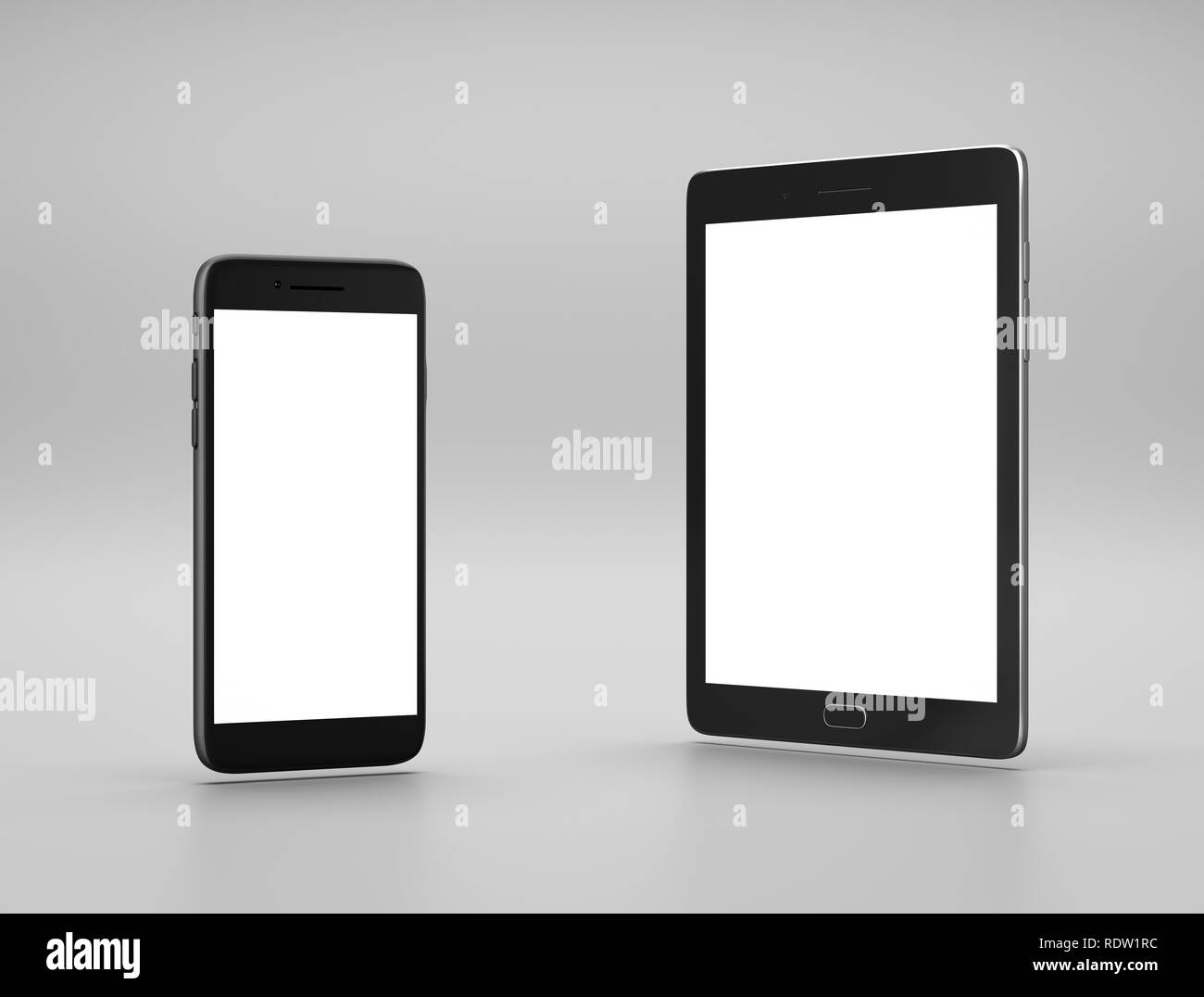 Standing Smartphone and Tablet Pc with White Blank Display on Gray Background 3D Illustration Stock Photo