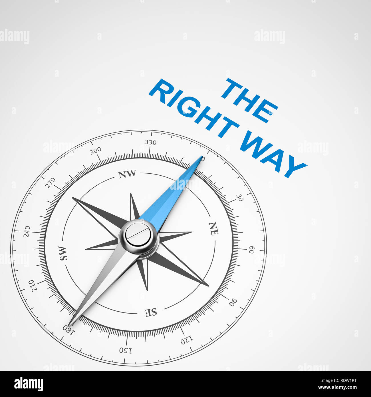 Magnetic Compass with Needle Pointing Blue The Right Way Text on White Background 3D Illustration Stock Photo
