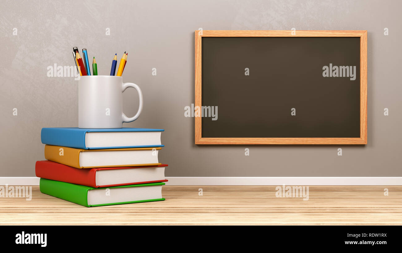 Blank Blackboard with Stack of Books and Stationery Supplies Stock Photo