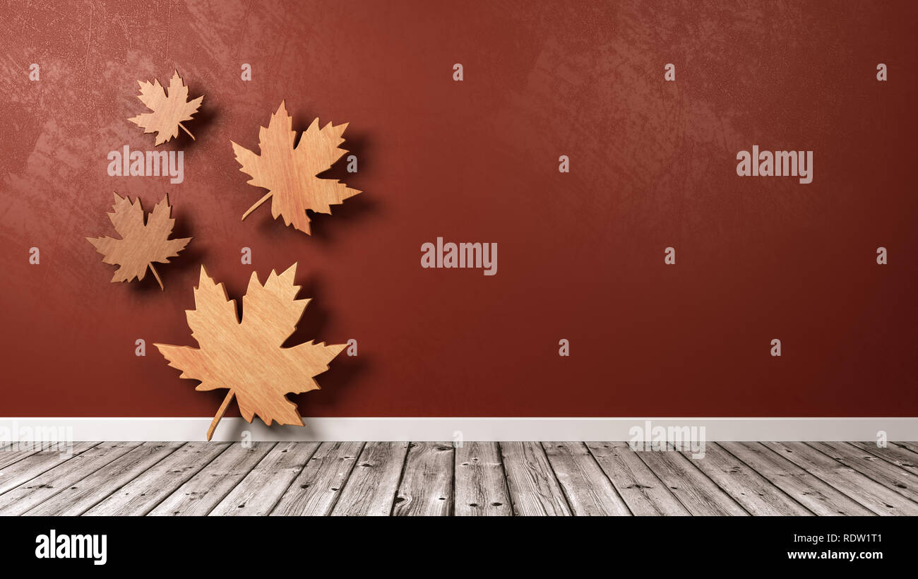 Wooden Leaves 3D Symbol Shape in the Room with Copy Space 3D Illustration, Autumn Concept Stock Photo