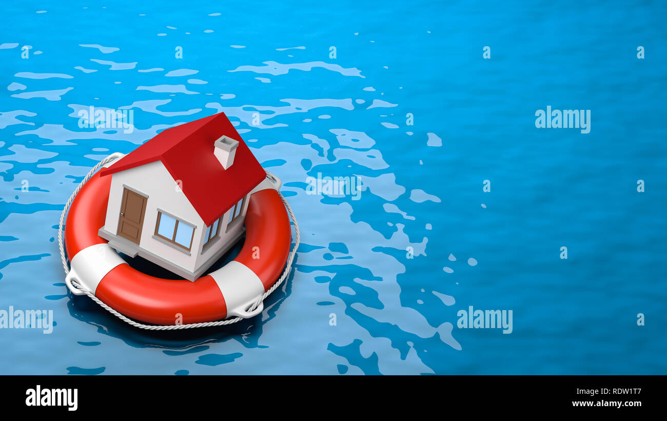 House on a Lifebuoy in the Sea 3D Illustration with Copyspace Stock Photo