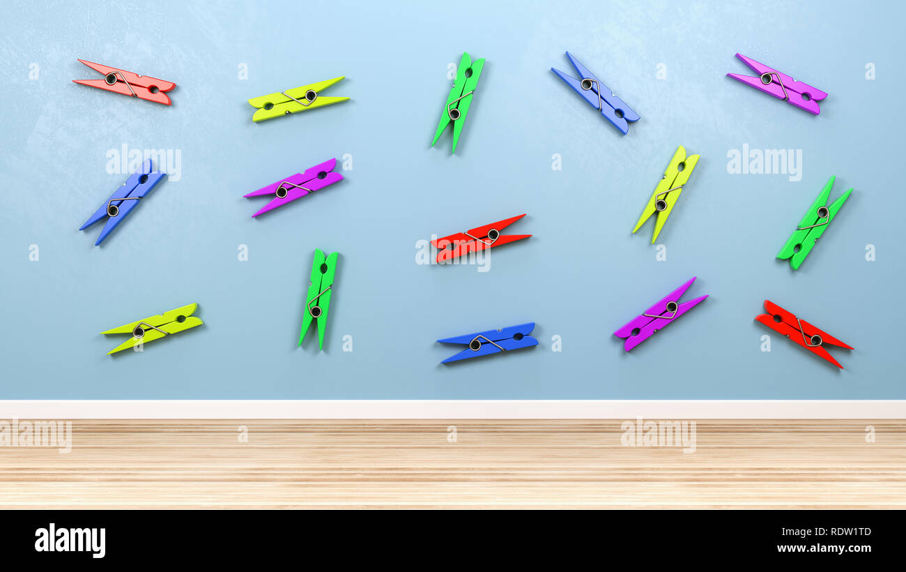 Colorful Plastic Clothespin on the Blue Wall in the Room 3D Illustration Stock Photo