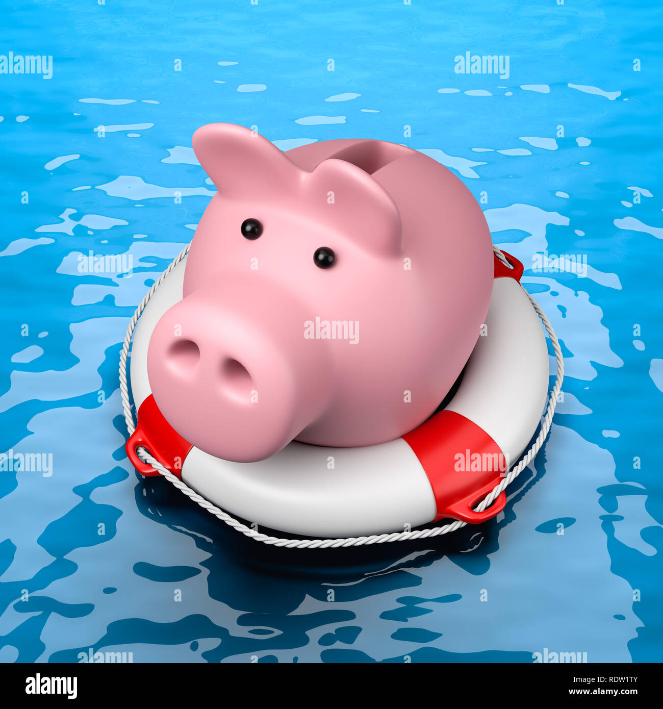 Pink Piggy Bank on a Lifebuoy in the Sea 3D Illustration Stock Photo