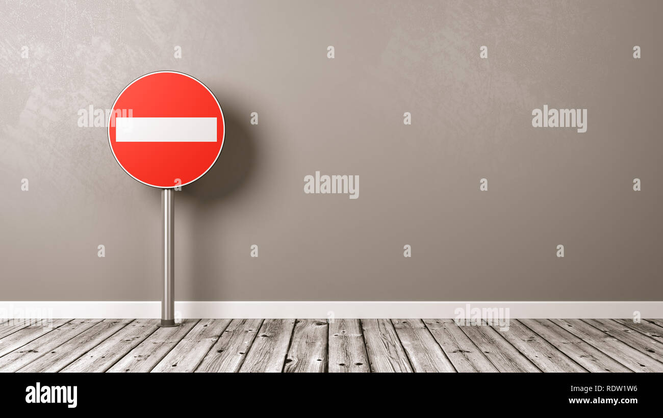 Access Denied Road Sign on Wooden Floor Against Grey Wall with Copyspace 3D Illustration Stock Photo