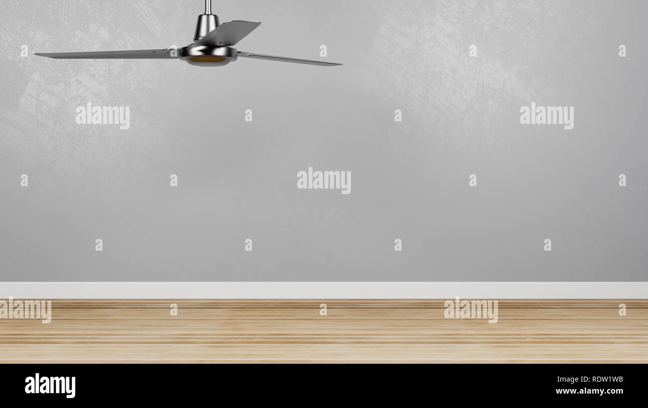 Metallic Ceiling Fan in a Wooden Floor Empty Room with Copy Space 3D