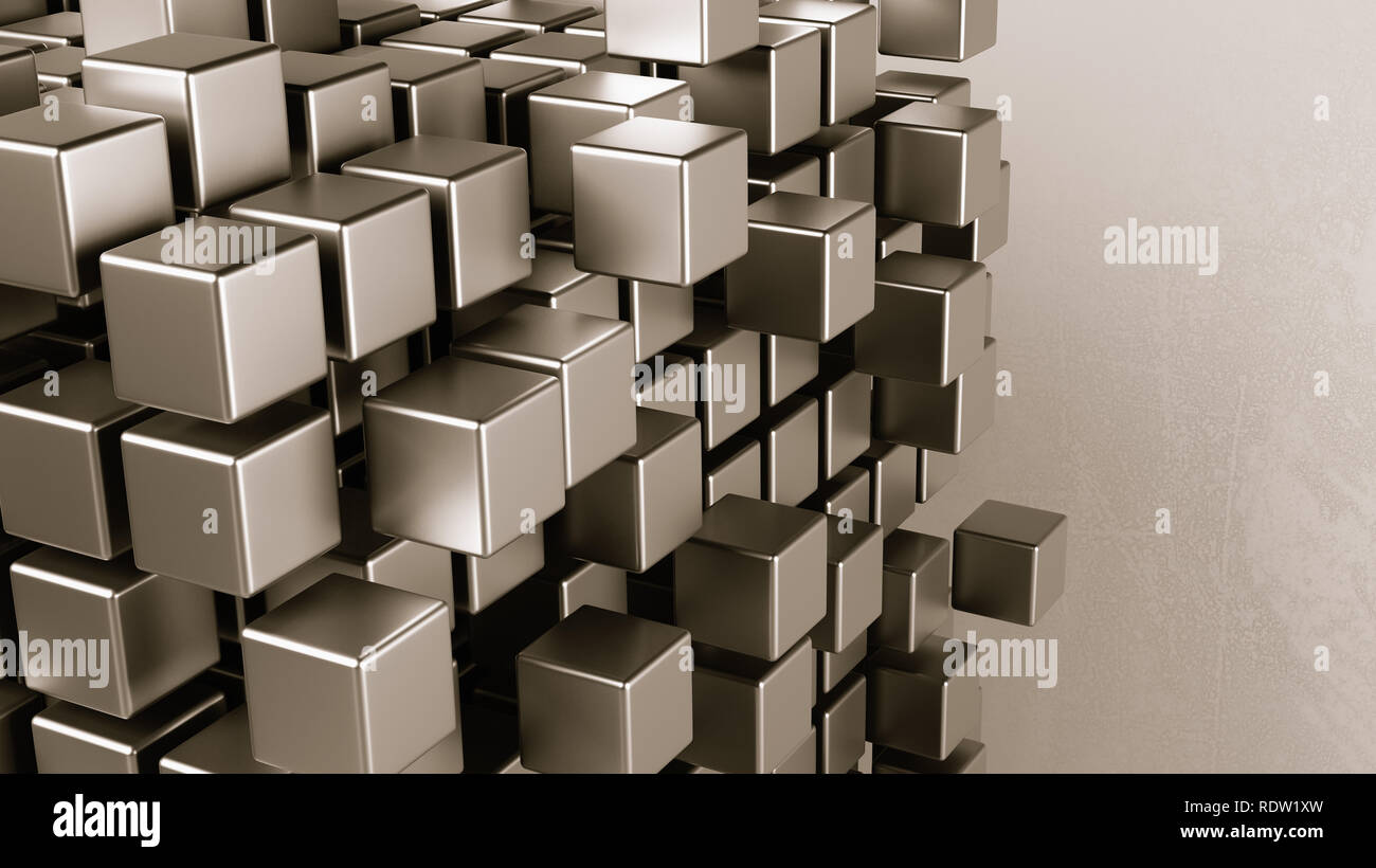 Cubes Aggregation on Grey Abstract Background with Copyspace 3D Illustration Stock Photo