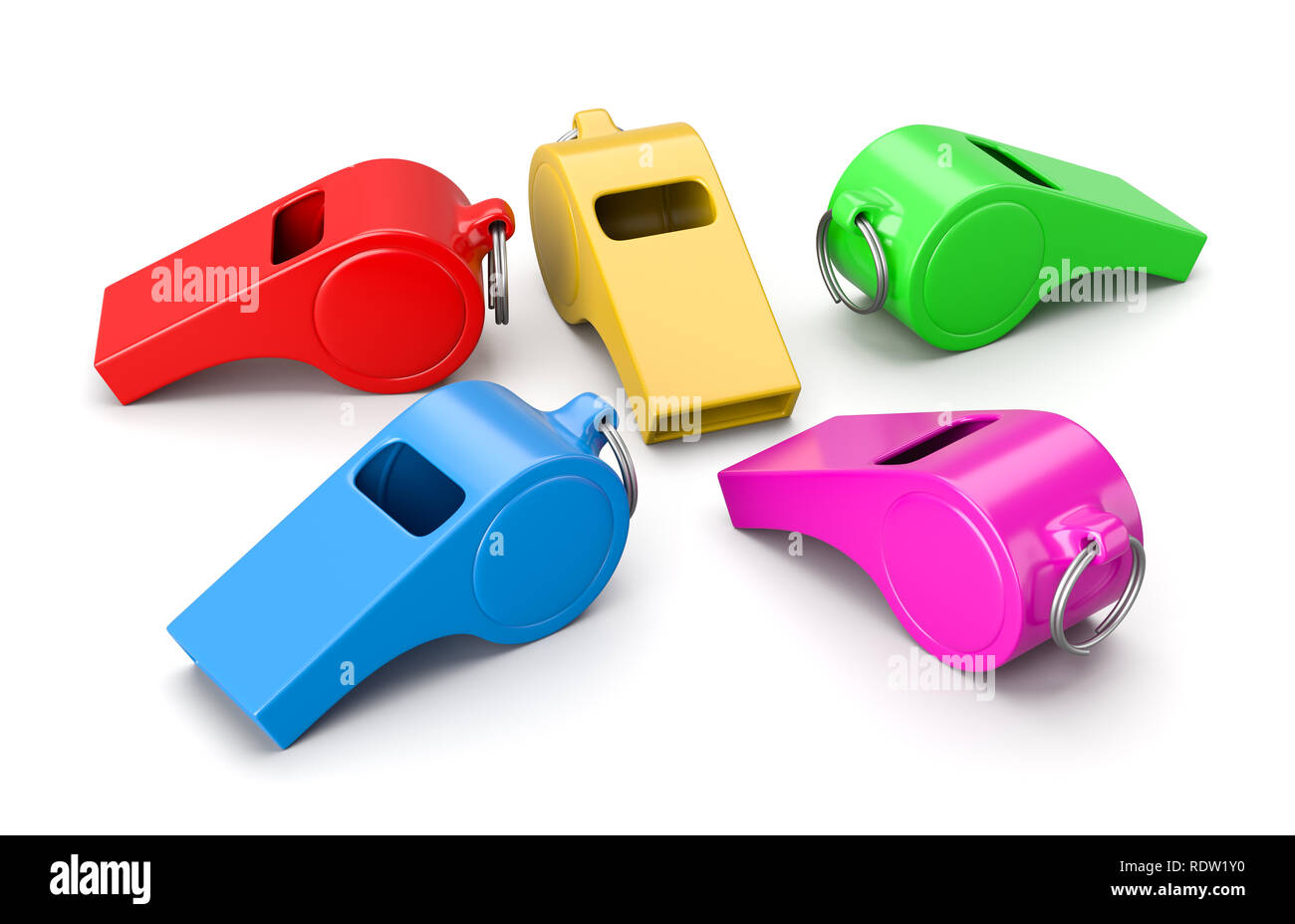 Colorful Whistles on White Background 3D Illustration Stock Photo