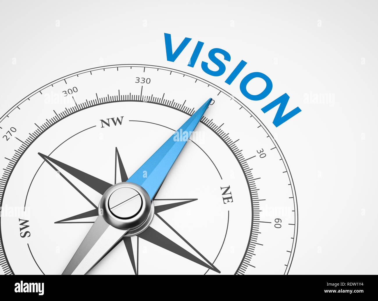 Magnetic Compass with Needle Pointing Blue Vision Word on White Background 3D Illustration Stock Photo
