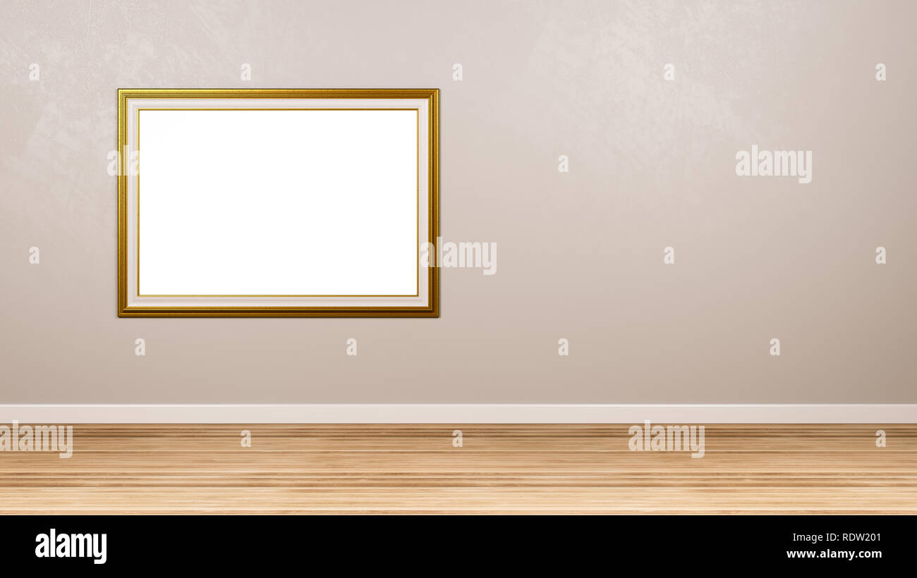 Classic Rectangular Empty Golden Picture Frame at the Wall in the Room with Copyspace 3D Render Stock Photo