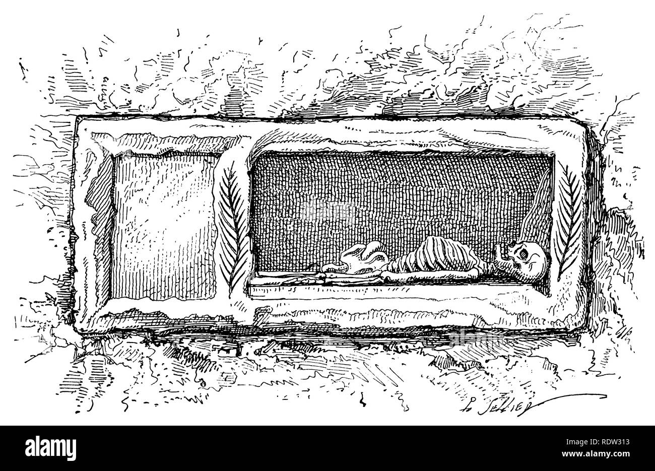 Roman tomb, partly open, side view showing position of skeleton, From Fabiola, or the Church of the Catacombs, by Nicholas Patrick Wiseman (1887) Stock Photo