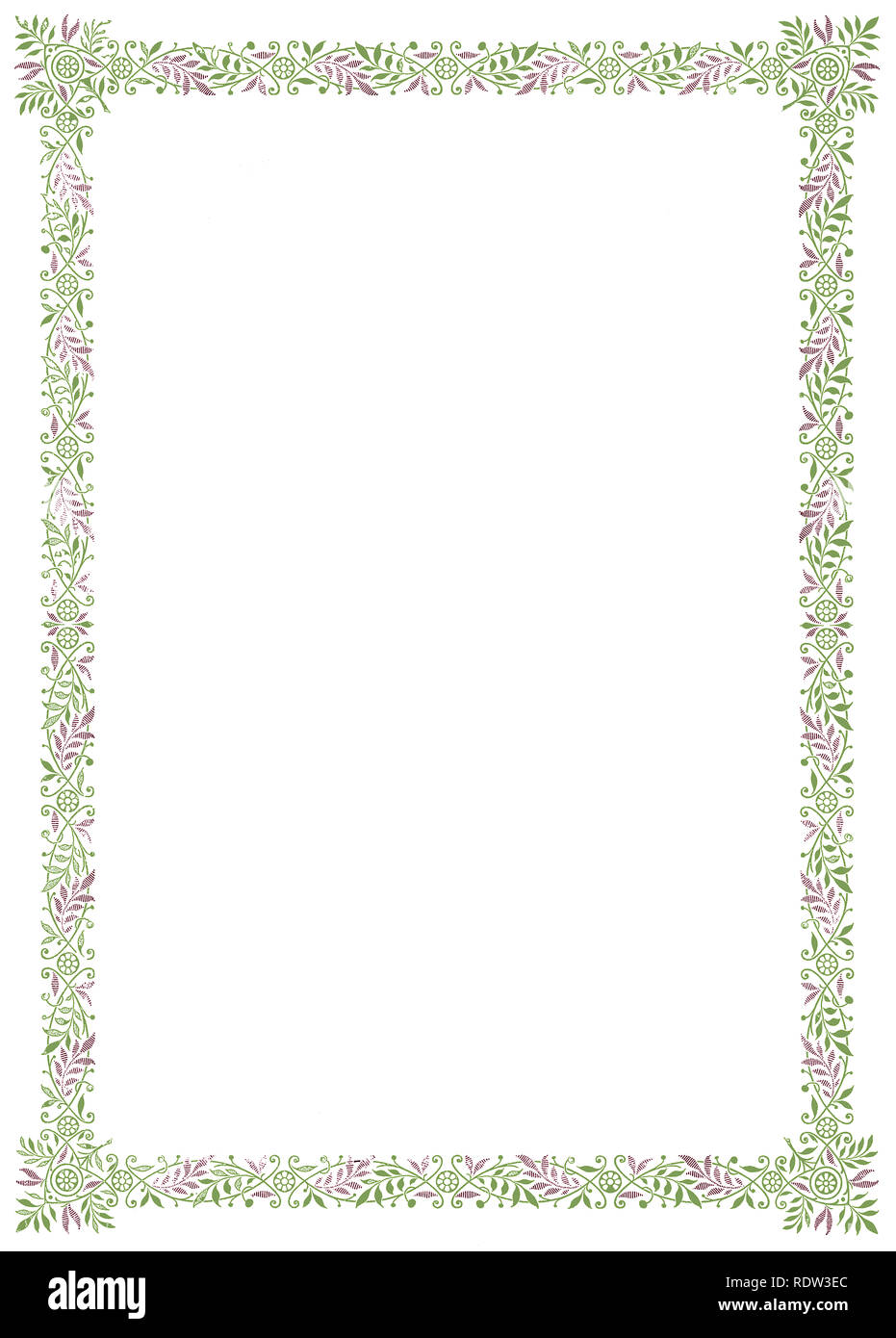 Vintage Edwardian floral full-page border, in green with purple or red highlights Stock Photo