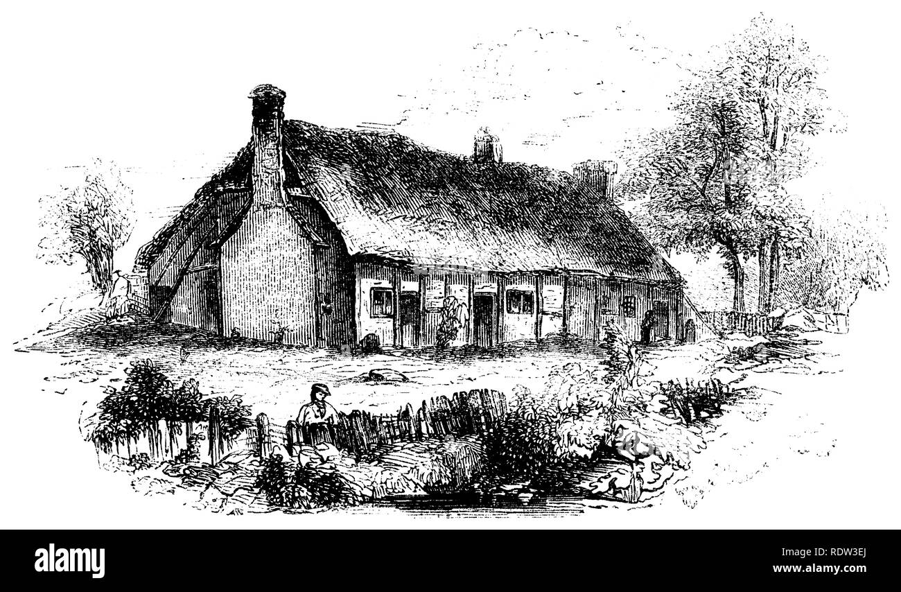1840 engraving of the house where Samuel Butler was born - he was an English poet, and died in 1680. The cottage is in Pershore / Strensham, Worcester Stock Photo