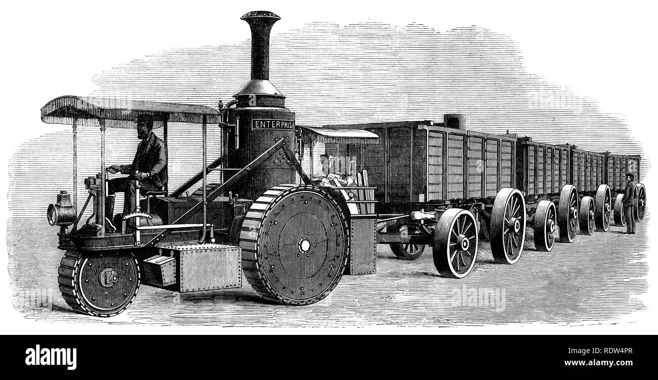 Steam traction engine from 1870: Thomson's Road-Steamer and Coal-Waggons Stock Photo