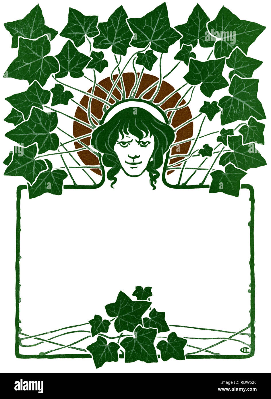 Art Nouveau Border with ivy leaves and face Stock Photo