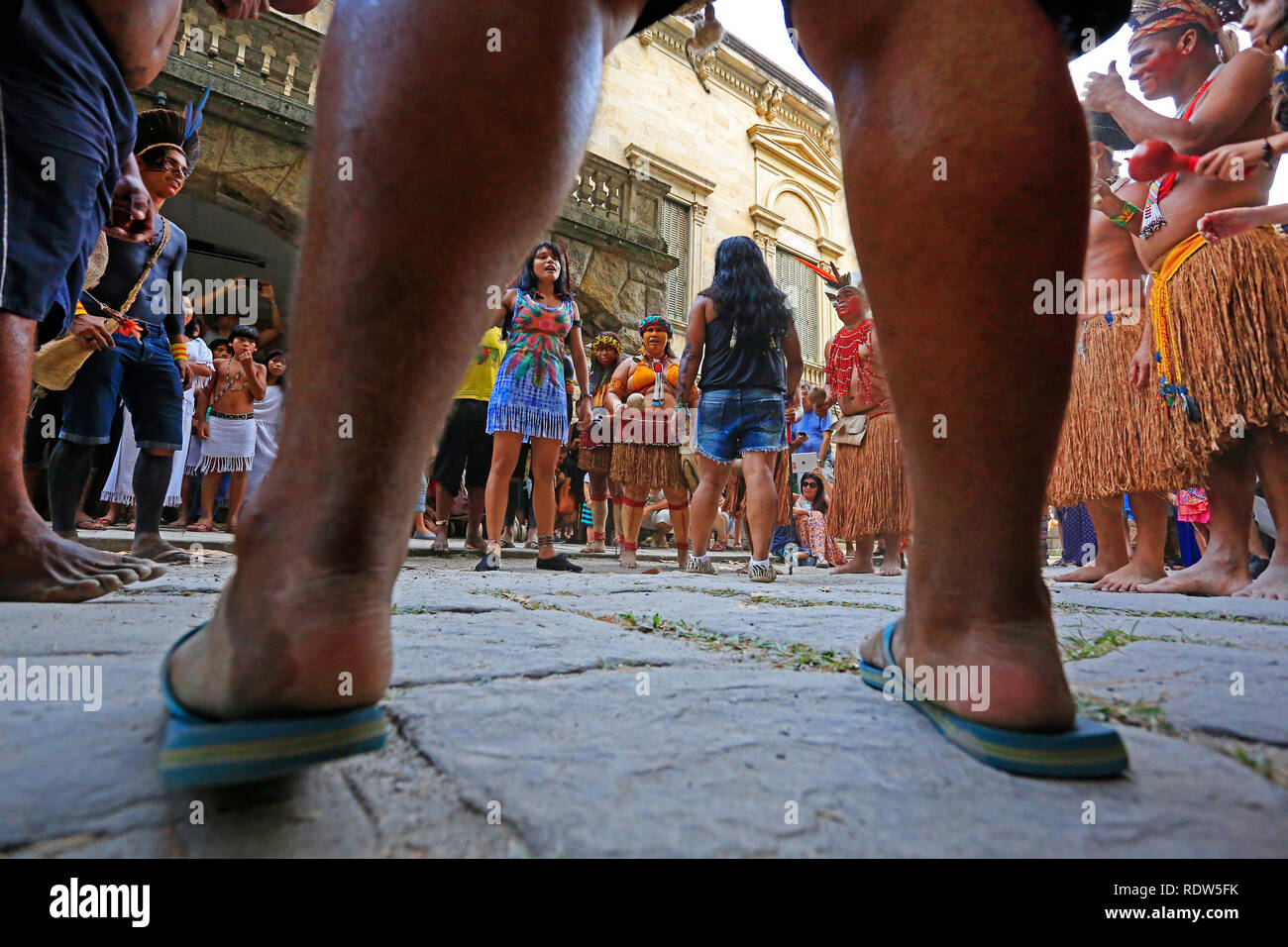 Brazilian indians damcing at Indian Day at Parque Lage, Rio de Janeiro, Brazil Stock Photo