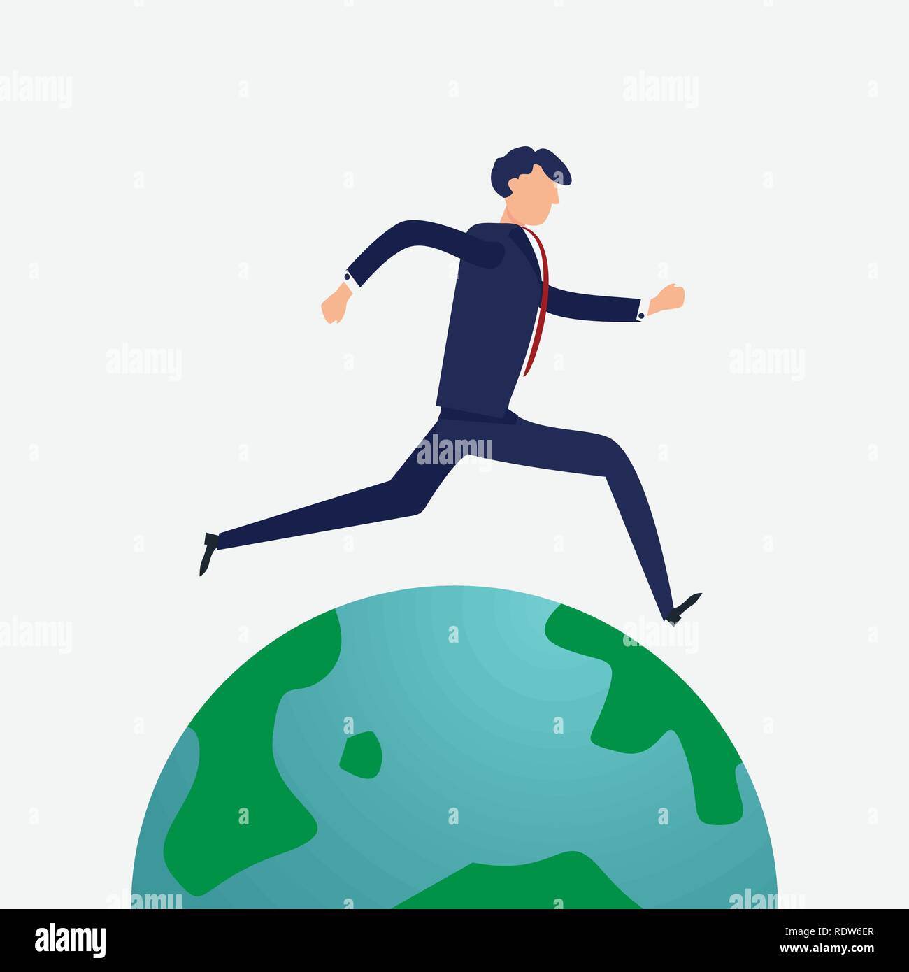 Businessman running around the world. Flat design and Character design