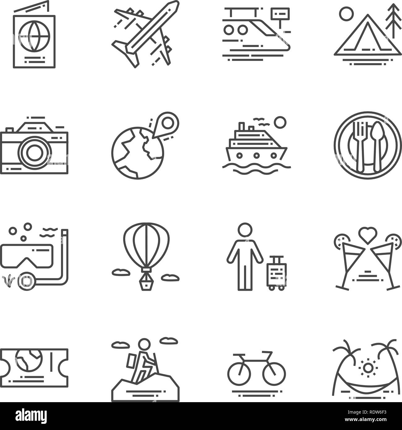 Travel and Activities icon. Leisure and Sport concept. Trip and journey concept. Thin line and Outline icon set. Vector illustration. Sign and symbol  Stock Vector