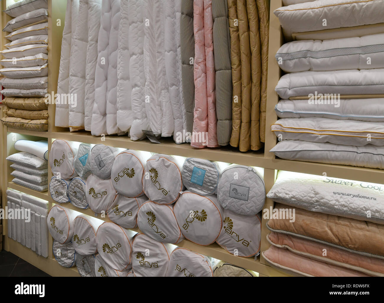 Moscow, Russia - January 18. 2019. Blankets and pillows in the Turkish Arya Home store Stock Photo