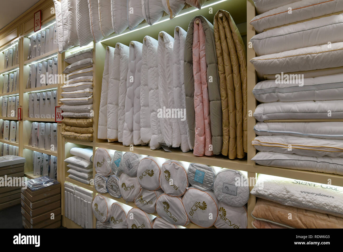 Moscow, Russia - January 18. 2019. Blankets and pillows in the Turkish Arya Home store Stock Photo