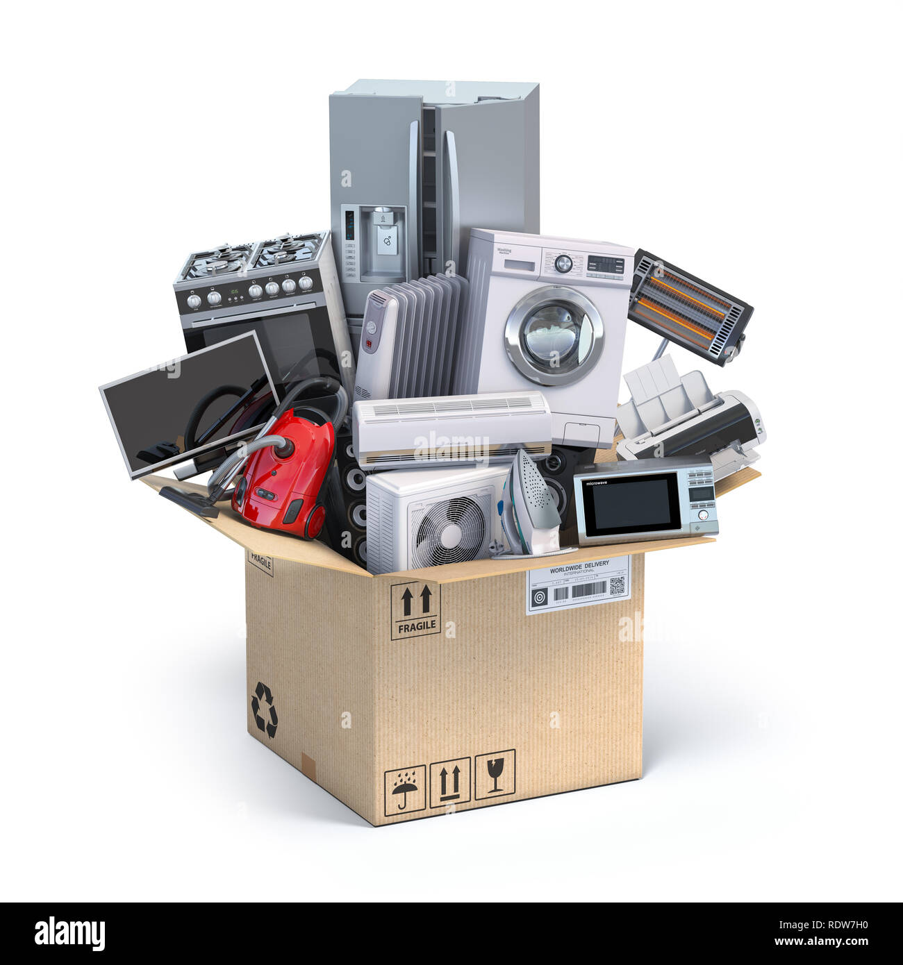 Home kitchen appliances in open cardboard box. Delivery, moving and