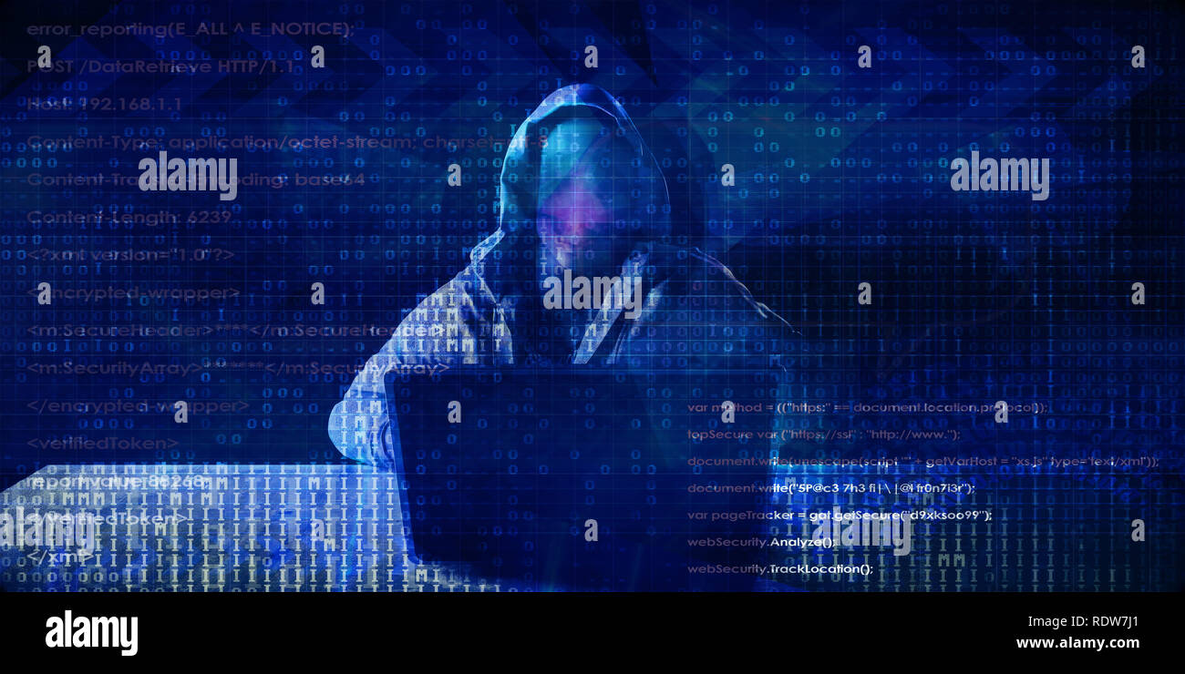 Hooded computer hacker laptop hi-res stock photography and images - Alamy