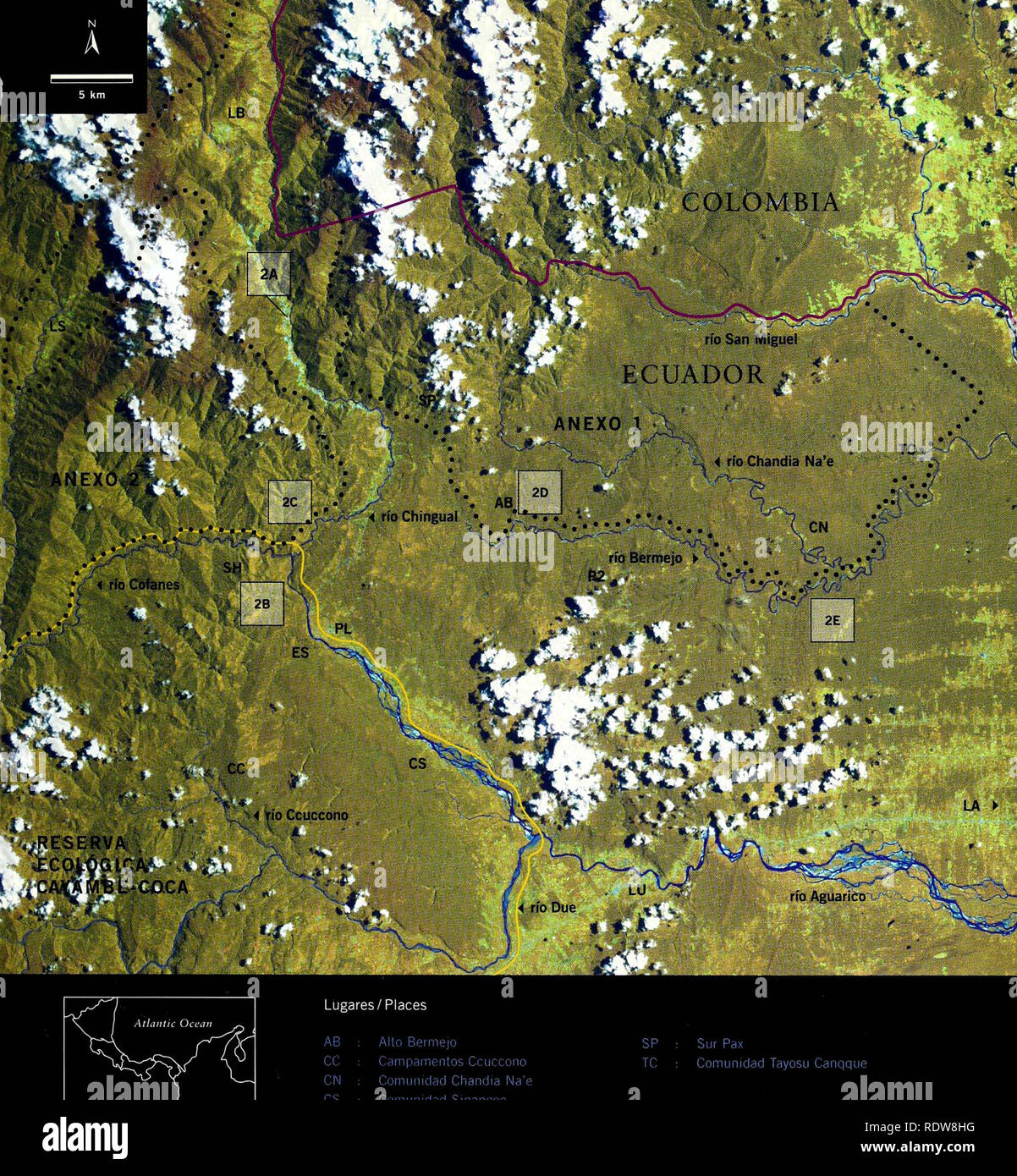 . Ecuador : Serranías Cofán-Bermejo, Sinangoe. Natural history; Wildlife conservation; Biodiversity conservation; Cofán Indians. Ecuador - Colombia Frontera/ Border Anexo 1 propuesto/ proposed (Cofán de Bermejo) Anexo 2 propuesto/ proposed (Cordillera Murallas) Reserva Ecológica Cayambe-Coca límites/limits Alto Bermejo Campamentos Ccuccono Comunidad Ctiandia Na'e Comunidad Sinangoe Estación Sinangoe Lago Agrio La Bonita La Sofía Lumbaqui Pozo Dos Puerto Libre Stiishictio SP : Sur Pax TC : Comunidad Tayosu Canqque ECUADOR: SERRANÍAS COFÁN ENERO/JANUARY 2002 15. Please note that these images are Stock Photo