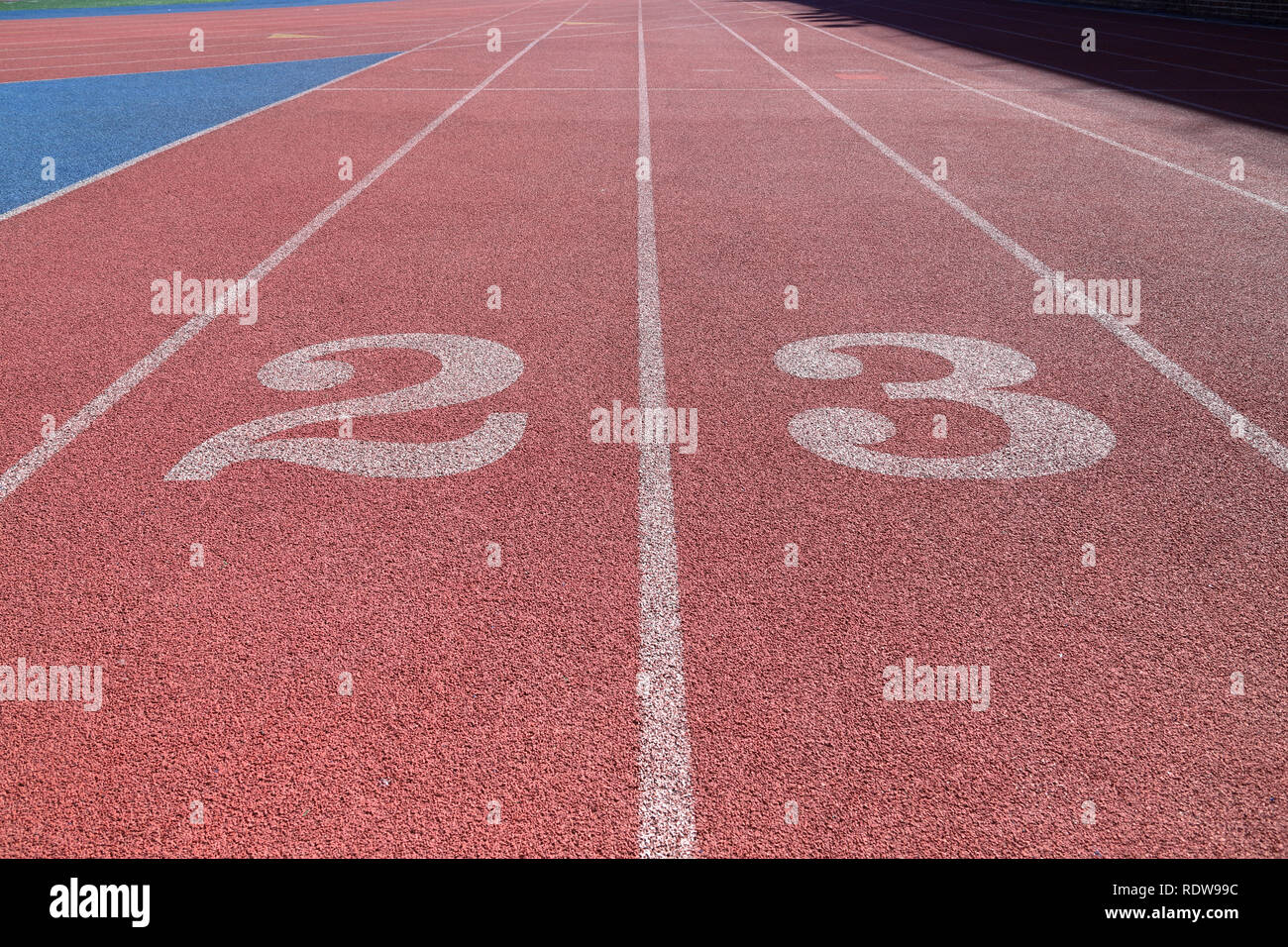 Track and Field Race Course lanes long view Stock Photo