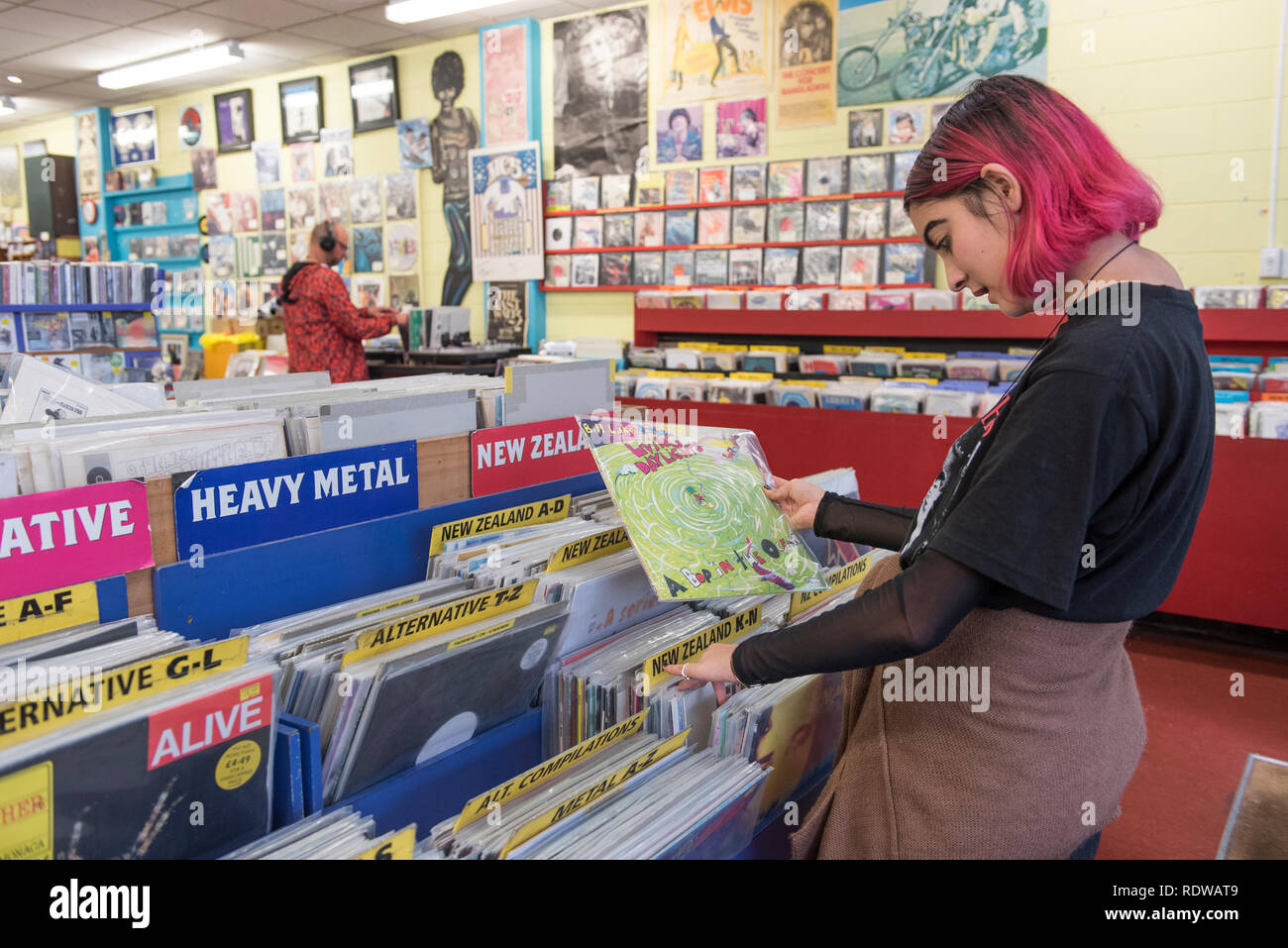 Slow Boat Records is a popular music shop which sells new and used CDs, DVDs, and records and is located on Cuba Street in downtown Wellington, New Ze Stock Photo