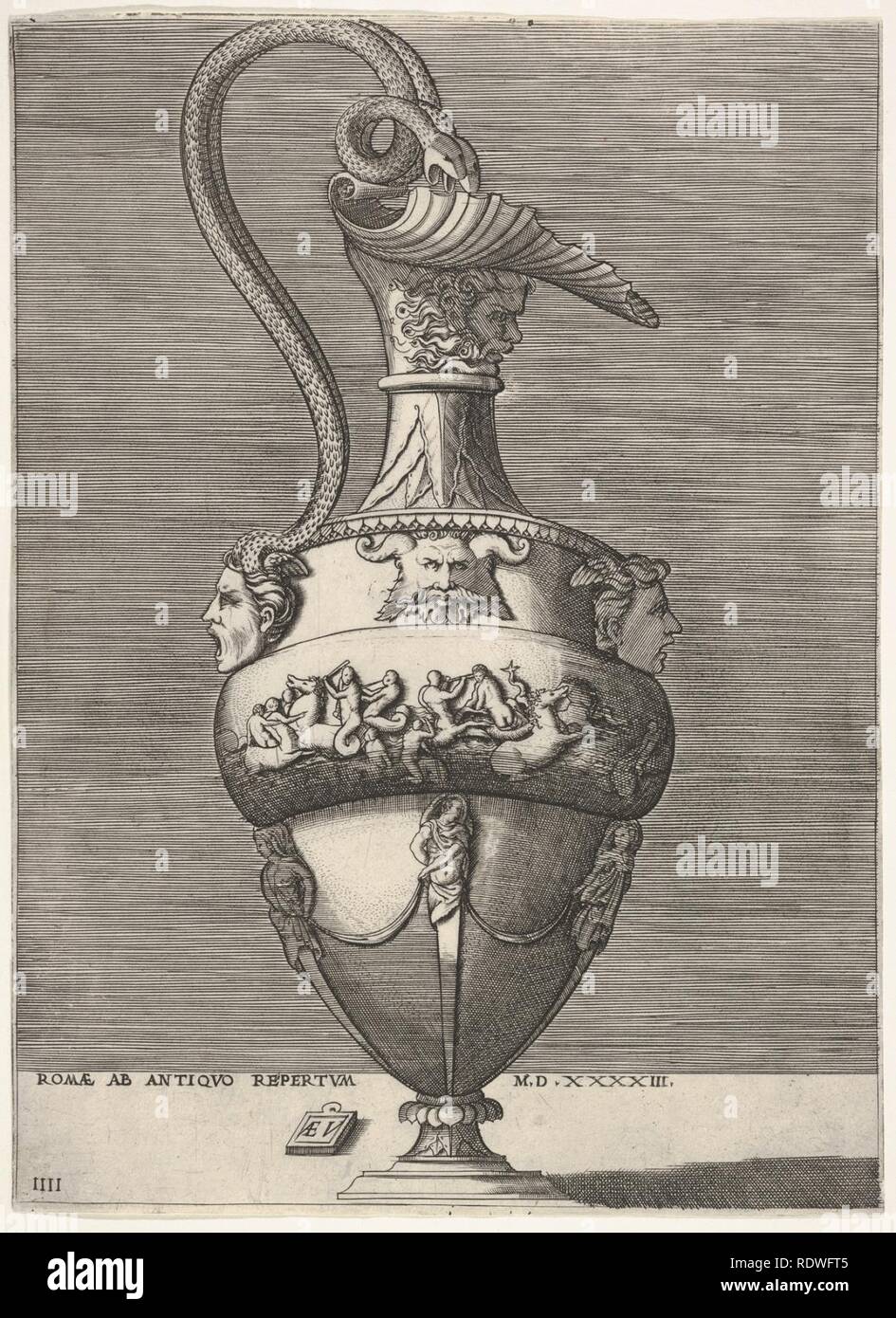 Antique Ewer with a Handle in the Shape of Two Snakes coming from the Head of Medusa below, from Vases after the Antique Stock Photo