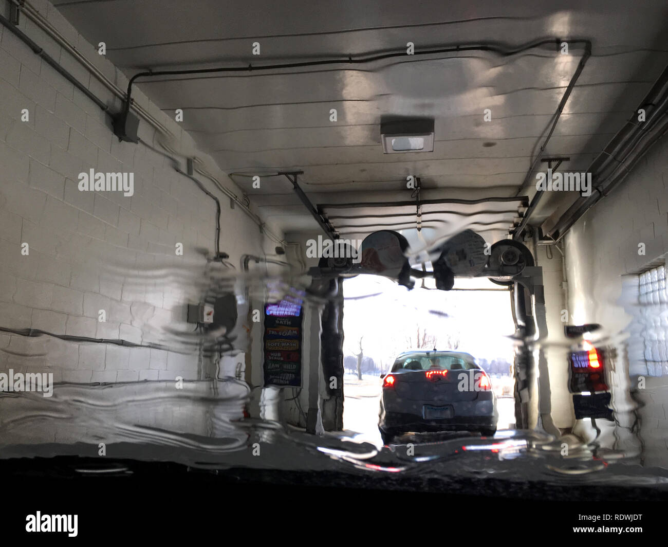 Inside of vehicle view of an automatic car wash Stock Photo