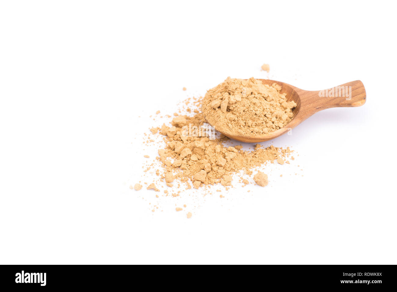 Indian Gooseberry or Phyllanthus emblica powder on wooden spoon isolated on white background Stock Photo